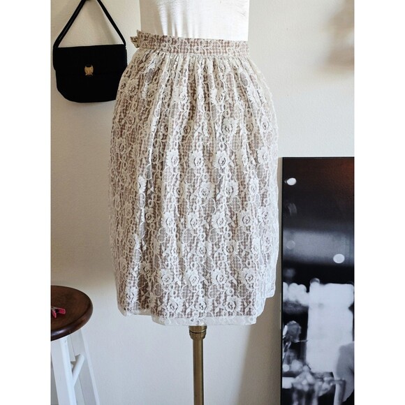 Vintage Dresses & Skirts - Vintage 70s 1970s Cream Lace Gingham High Waist Skirt Full Skirt S